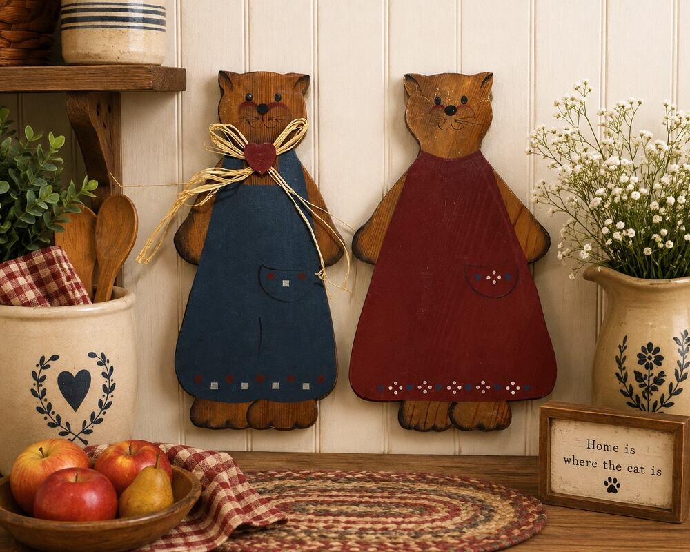 Primitive Folk Art Wooden Cat Wall Decor Pair Country Farmhouse Kitty Plaques